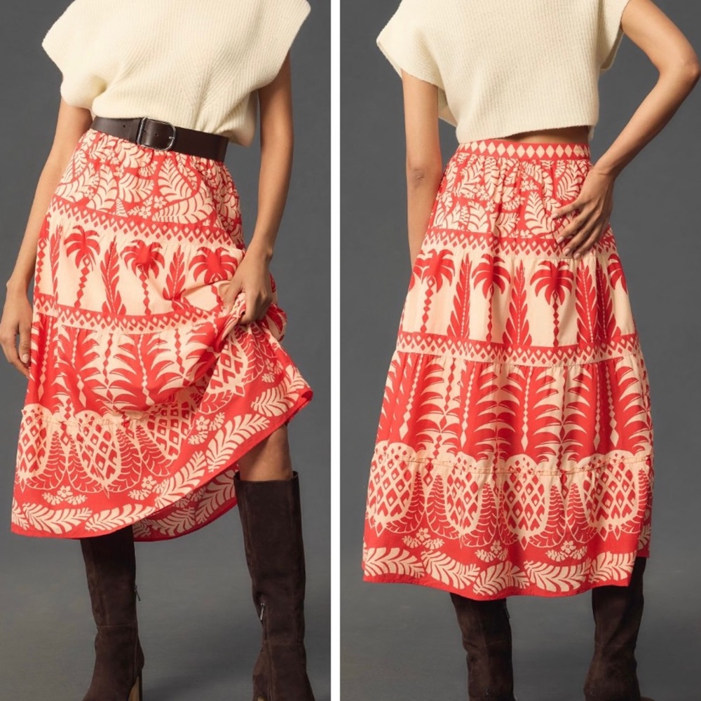 Farm Rio Tiered Paradise Cotton Midi Skirt, Size M